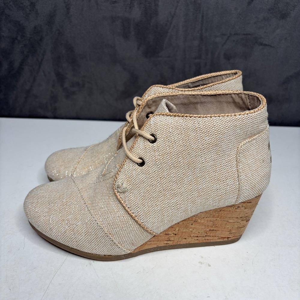 TOMS Desert Wedge Boots Womens 7 Oatmeal Beige Canvas Metallic Cork Heel